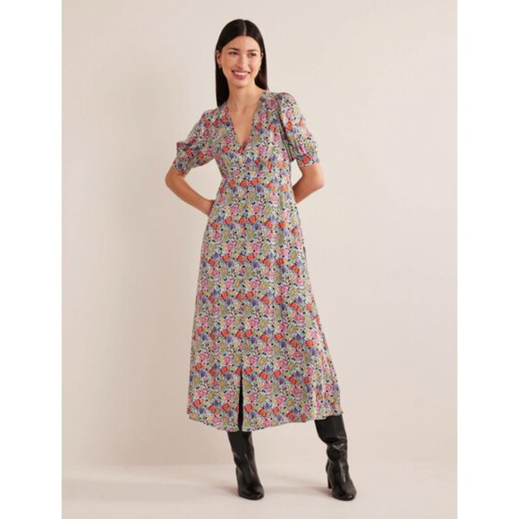 Boden Womens Tea Midi Dress UK 10P US 6P Multicolor Floral Puff Sleeve D0467 NWT - Picture 1 of 10